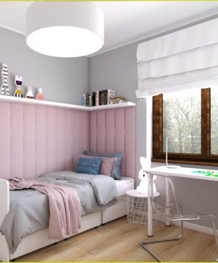 Pokój dziewczynki z pojedynczym łóżkiem i tapicerowaną ścianą