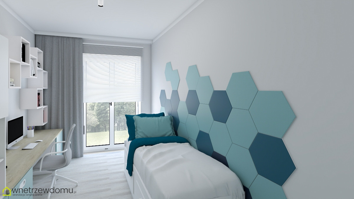 Pokój nastolatka z meblami i wzorem heksagonalnym na ścianie