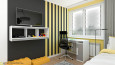 Pokój młodzieżowy z czarna ścianą i tapetą z żółtym motywem
