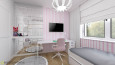 Pokój dziewczynki z różowo-białą tapetą w paski