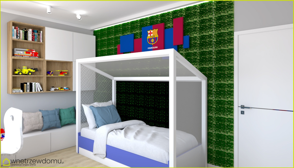 Pokój małego piłkarza z zieloną tapetą