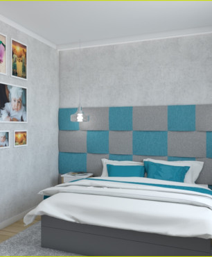 Sypialnia z szaro-turkusowym panelem tapicerowanym na ścianie
