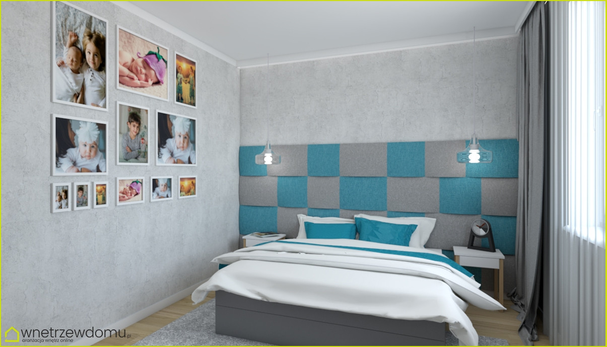 Sypialnia z szaro-turkusowym panelem tapicerowanym na ścianie