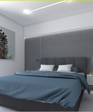 Projekt sypialni ze szkłem na ścianie w kolorze szarym