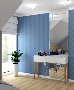 Sypialnia z niebieską tapetą na ścianie
