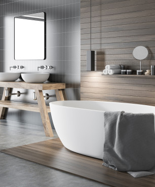 Szaro-drewniana łazienka w stylu skandynawskim