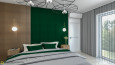 Sypialnia z intensywną zielenią na ścianie oraz z drewnem