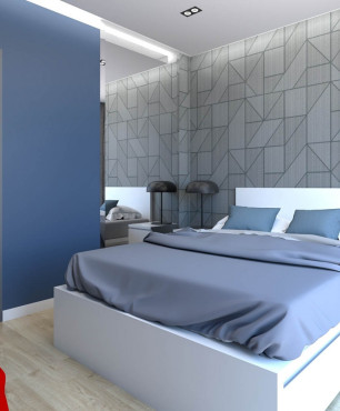 Sypialnia z szarą tapetą we wzory geometryczne