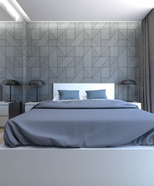 Granatowo-szara sypialnia z łóżkiem kontynentalnym