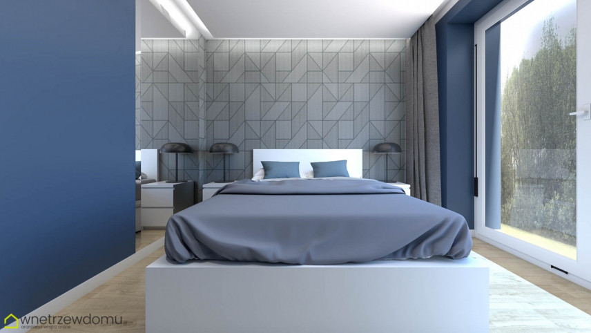 Granatowo-szara sypialnia z łóżkiem kontynentalnym