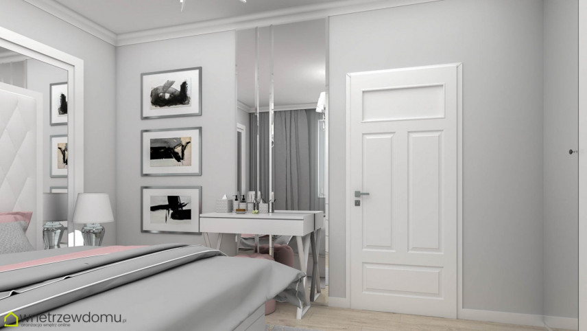 Sypialnia glamour z toaletką i lustrem prostokątnym