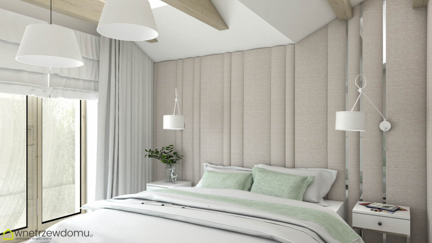 Sypialnia z beżowymi panelami tapicerowanymi na ścianie