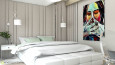 Sypialnia z beżowymi panelami tapicerowanymi oraz z łóżkiem kontynentalnym
