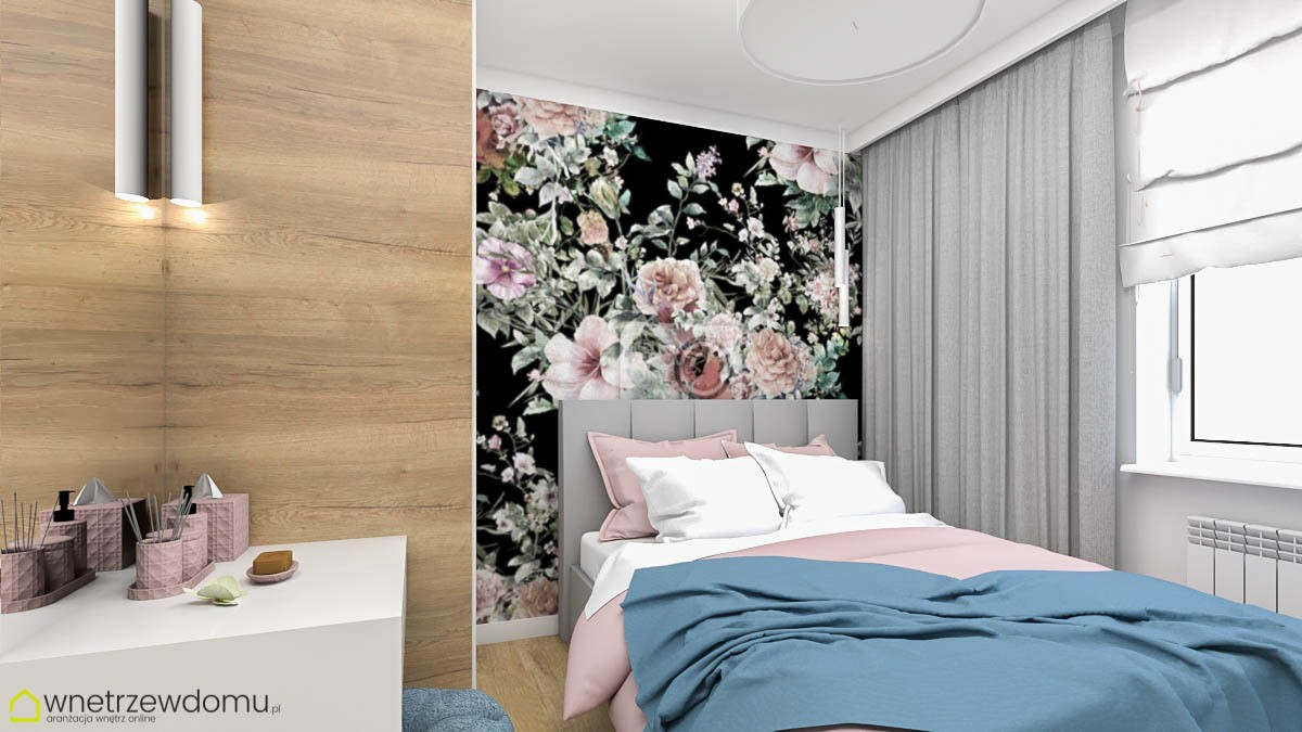 Sypialnia z tapetą w kwiaty oraz z drewnianym kącikiem z toaletką