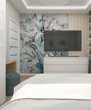 Sypialnia z tapetą i drewnem na ścianie