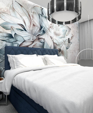 Sypialnia z granatowym łóżkiem tapicerowanym