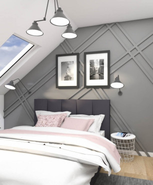 Sypialnia na poddaszu z szarą ścianą ze wzorem geometrycznym