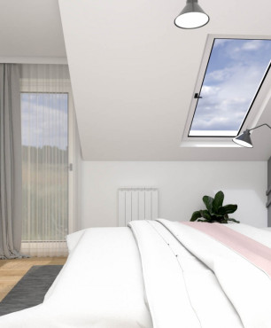 Sypialnia z oknem w suficie z białymi ścianami