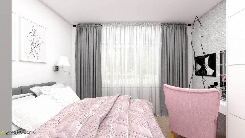 Sypialnia z szarymi zasłonami i różowym fotelem