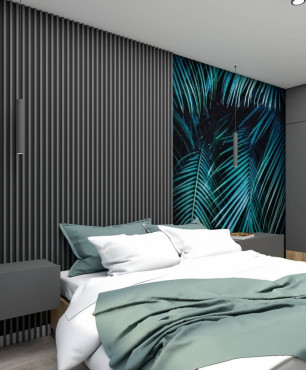 Sypialnia z szarymi panelami na ścianie z wstawką z efektem botanicznym