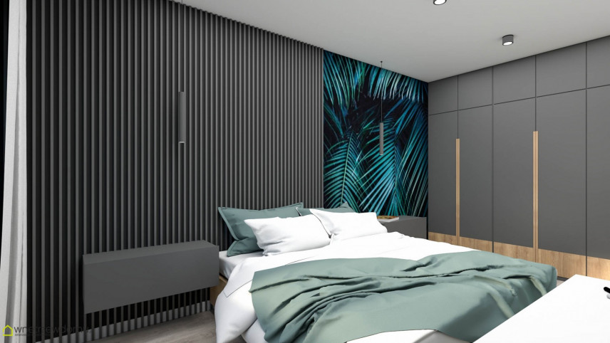 Sypialnia z szarymi panelami na ścianie z wstawką z efektem botanicznym