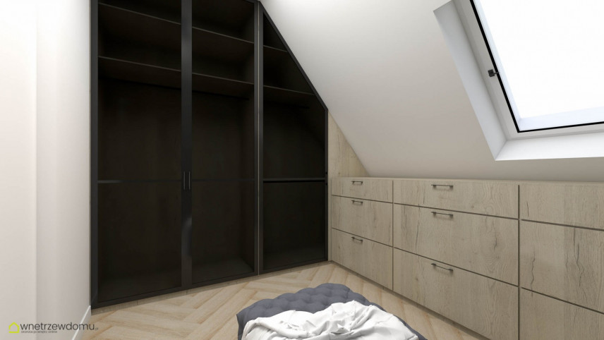 Sypialnia z drewnianą podłogą w jodełkę