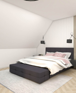 Sypialnia z tapicerowanym łóżkiem kontynentalnym z pikowanym zagłówkiem