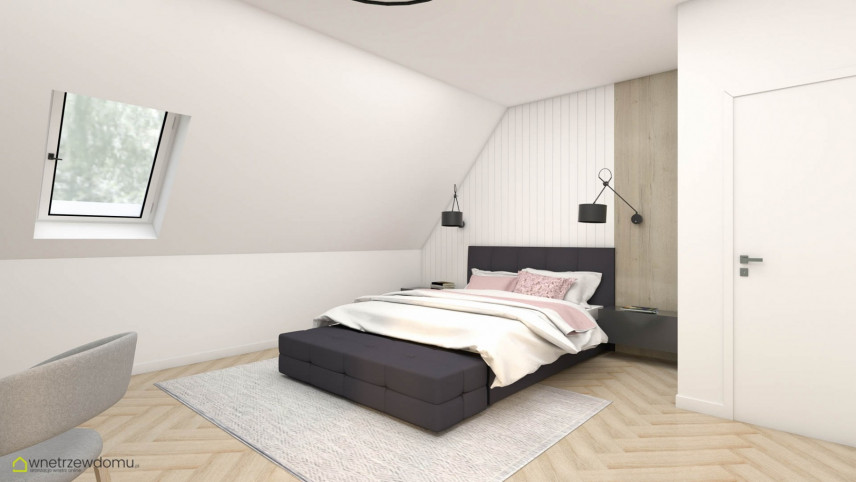 Sypialnia z tapicerowanym łóżkiem kontynentalnym z pikowanym zagłówkiem