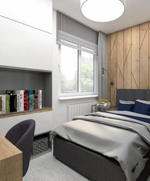 Sypialnia z tapicerowanym łóżkiem kontynentalnym z drewnianym biurkiem