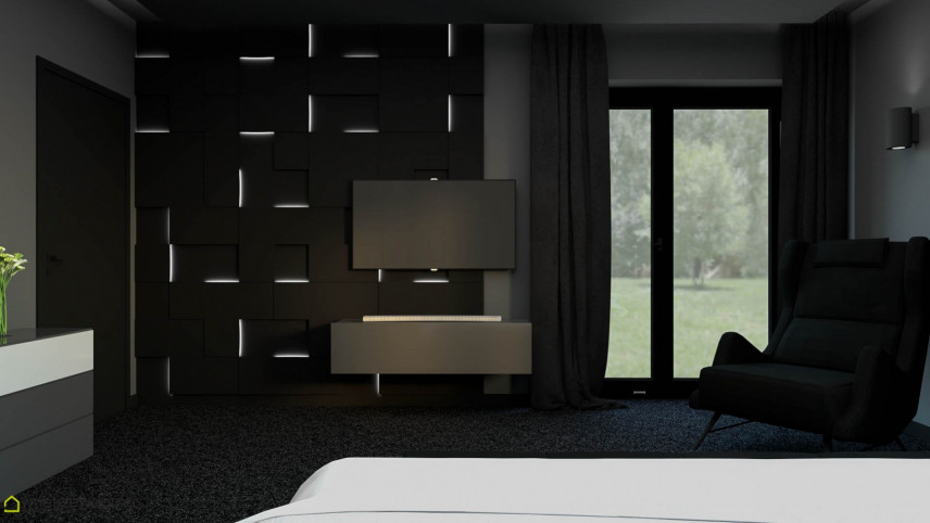 Sypialnia z czarną tapetą 3d