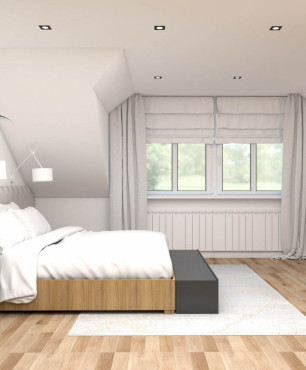 Sypialnia z łóżkiem kontynentalnym w drewnianej ramie