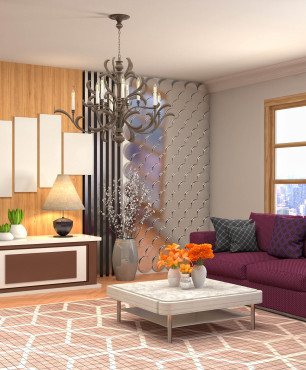 Salon z fioletową sofą i drewnianą ścianą