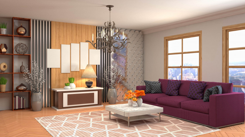 Salon z fioletową sofą i drewnianą ścianą