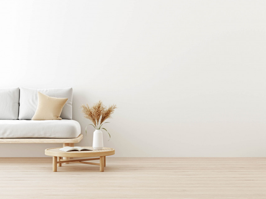 Salon z białą ścianą i kremową sofą