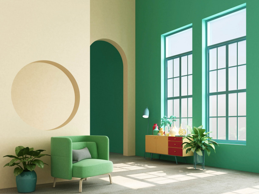Salon z zielono-żółtymi ścianami
