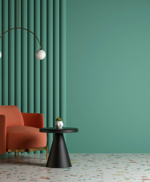 Salon z drewnem na ścianie w kolorze zielonym