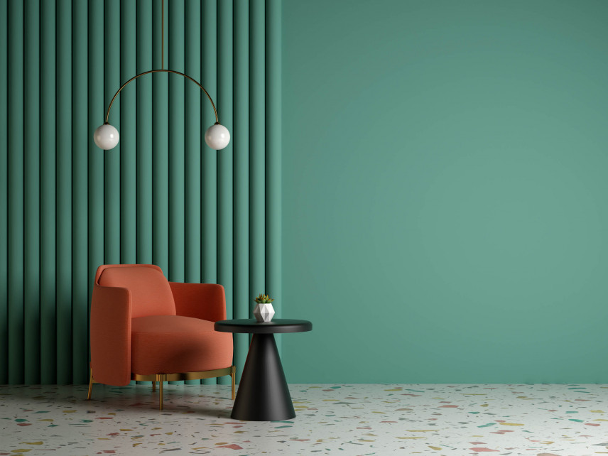 Salon z drewnem na ścianie w kolorze zielonym