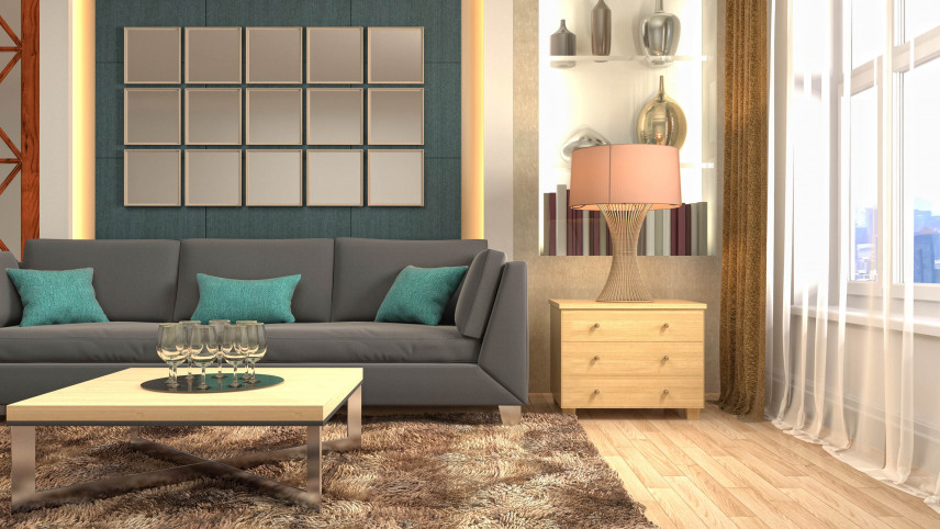 Salon z zieloną sofą i brązowym dywanem