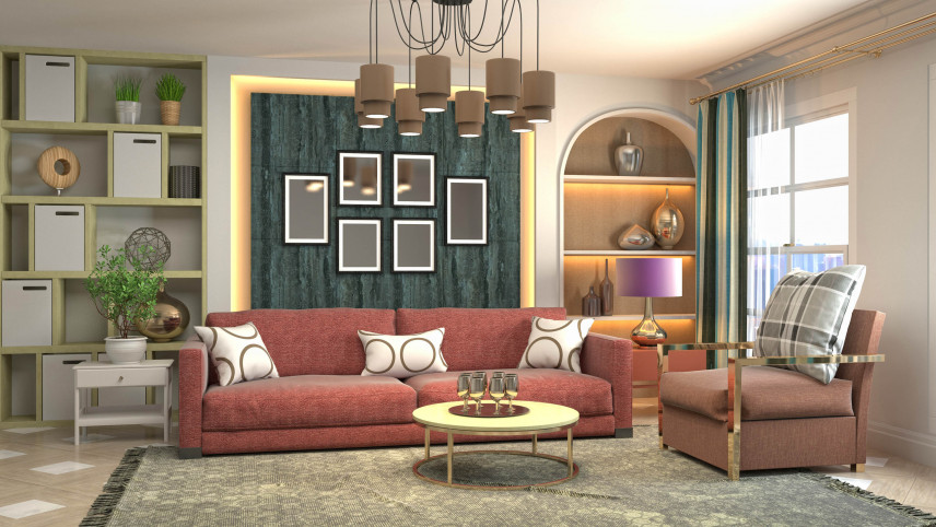 Salon z bordową sofą i zieloną ścianą