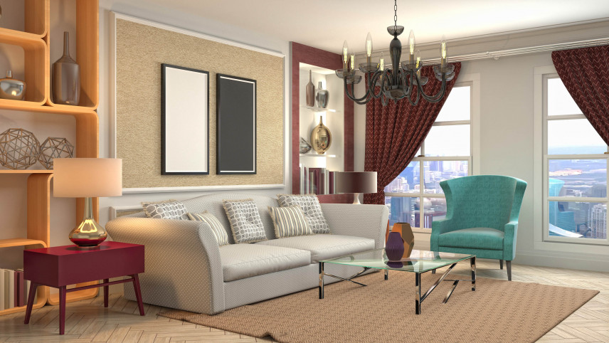Salon z beżową sofą i brązowym dywanem