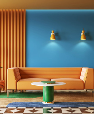 Salon w stylu Memphis z pomarańczowo-niebieskimi ścianami