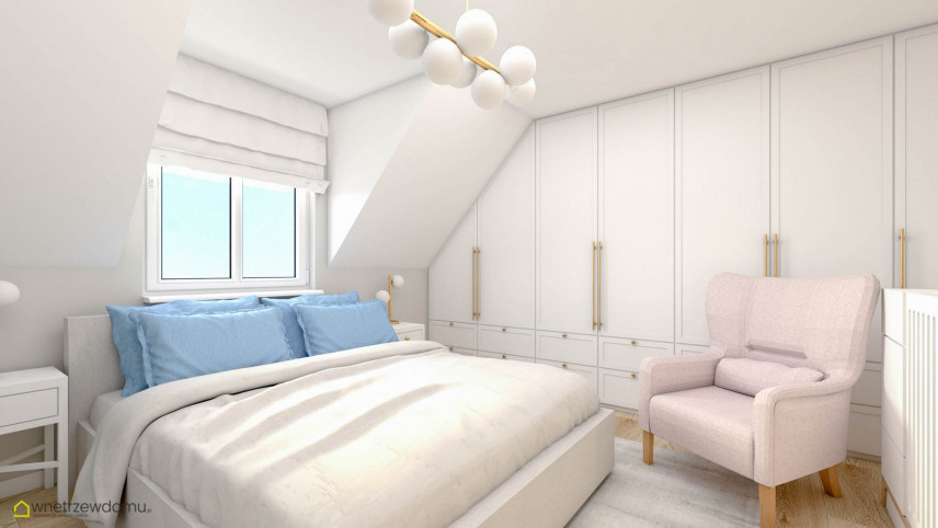 Sypialnia z łóżkiem kontynentalnym w białej oprawie