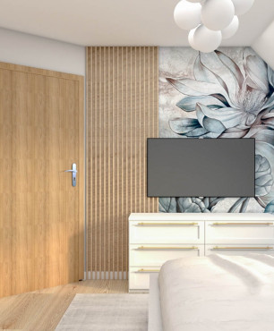 Sypialnia z drewnem pionowym na ścianie