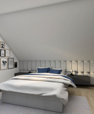Sypialnia z tapicerowanym, szarymi panelami na ścianie