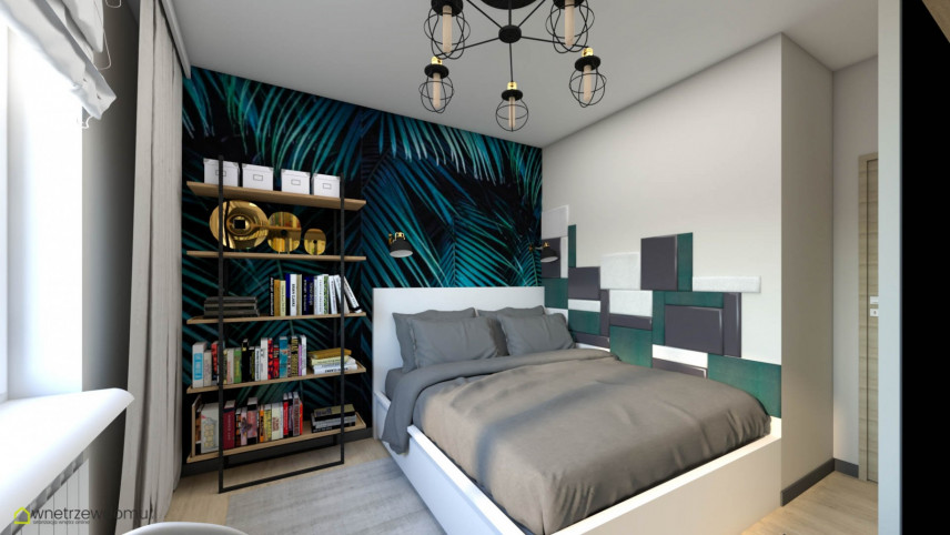 Sypialnia z tapetą na ścianie z efektem botanicznym