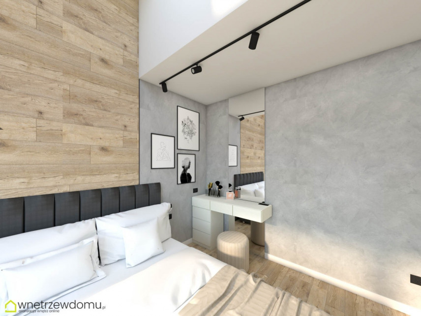 Sypialnia z imitacją drewnianych płytek na ścianie