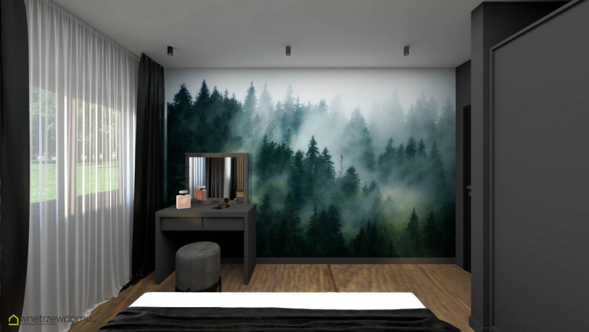 Sypialnia w szarościach z tapetą z krajobrazem górskim