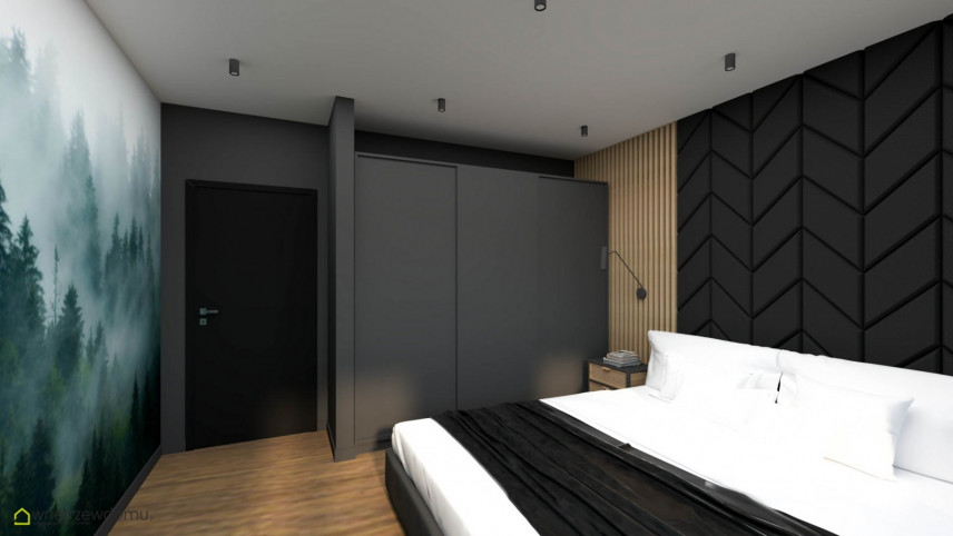 Sypialnia z łóżkiem kontynentalnym i czarnymi panelami tapicerowanymi na ścianie