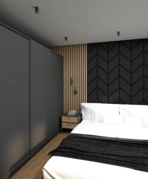 Sypialnia tapicerowaną ścianą oraz z drewnem na ścianie