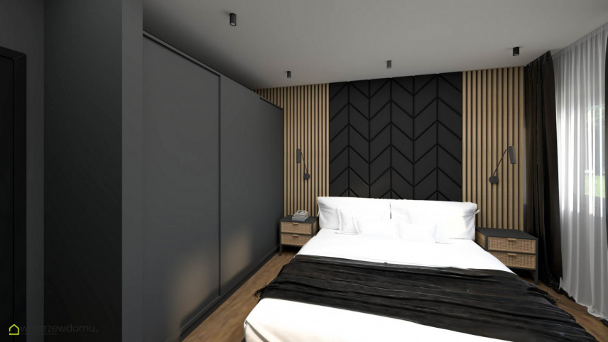 Sypialnia tapicerowaną ścianą oraz z drewnem na ścianie
